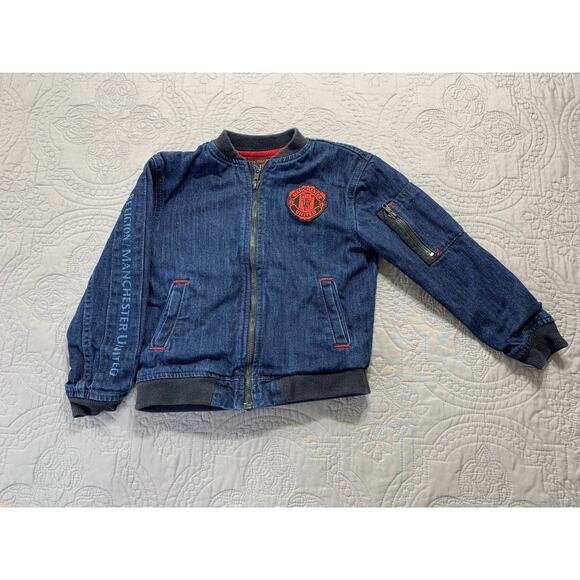 True Religion Jacket Denim Manchester‎ United Blue Boys 5 Bomber Dark Wash Zip - Picture 1 of 12